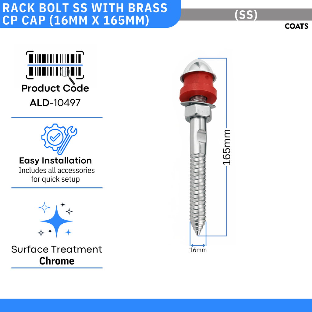 Rack Bolt SS with Brass Cp Cap (16mm X 165mm) - by Coats®