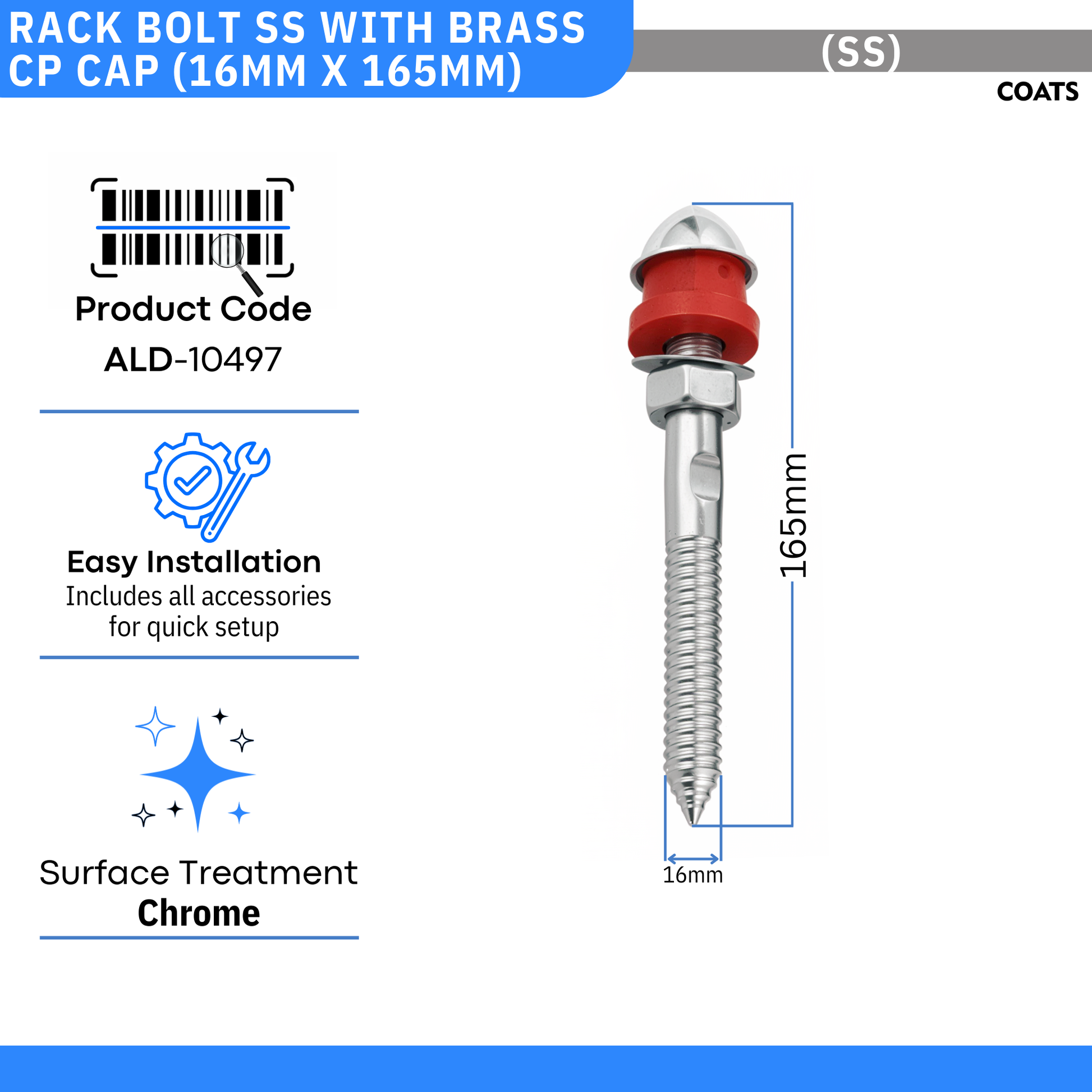Rack Bolt SS with Brass Cp Cap (16mm X 165mm) - by Coats®