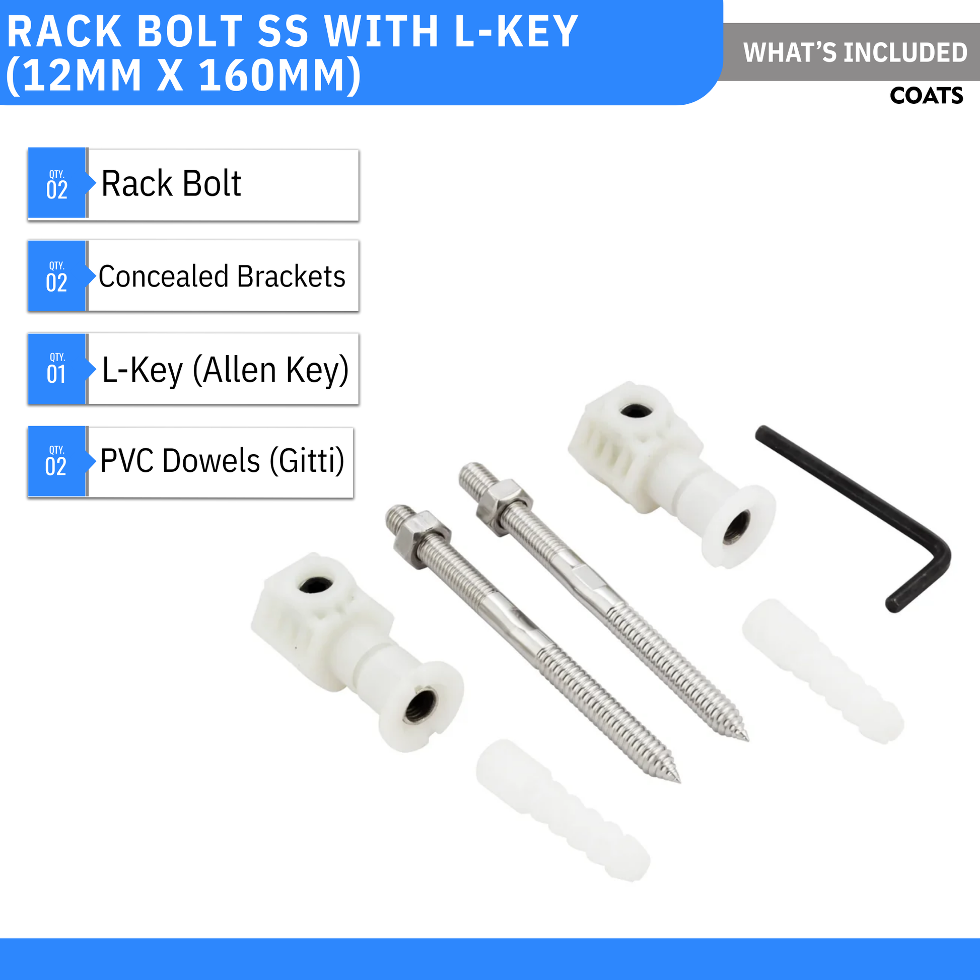 Rack Bolt SS with L-Key (12mm X 160mm) - by Coats®