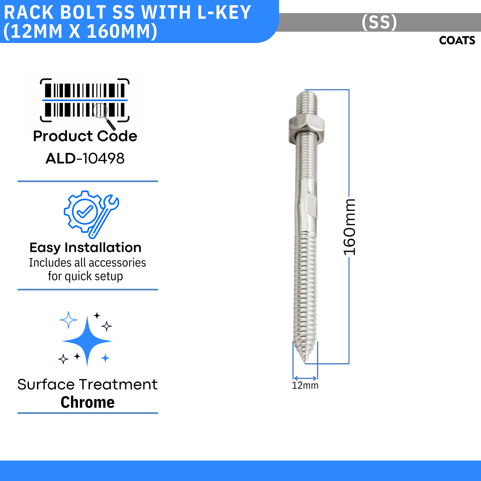 Rack Bolt SS with L-Key (12mm X 160mm) - by Coats®